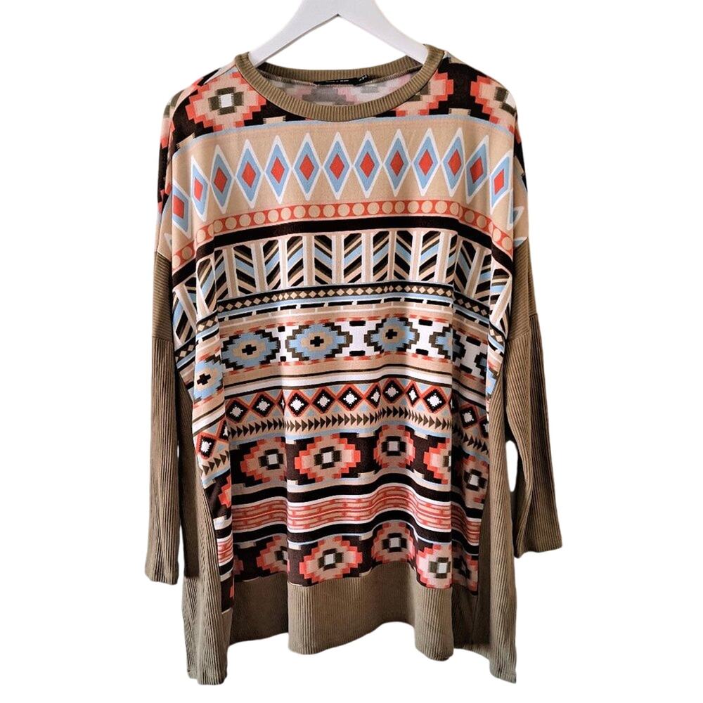 Doe & Rae Multicolored Oversized Aztec Pattern Crewneck Long Sleeve Sweater -M
